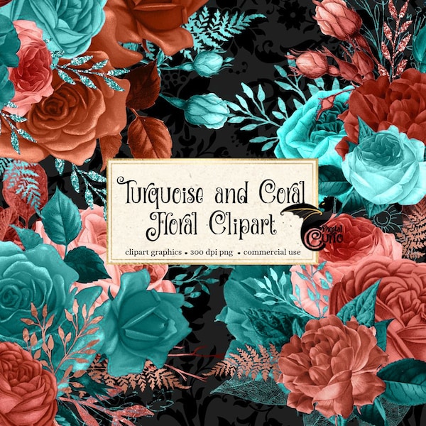 Turquoise and Coral Floral Clip Art, digital instant download wedding flower embellishments, rustic peach rose, aqua roses, commercial use