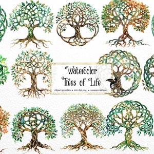 May include: A set of 12 watercolor illustrations of Celtic knotwork trees of life. The trees are depicted in various shades of green, brown, and gold, with intricate knotwork designs in the branches and roots. The illustrations are perfect for use in digital scrapbooking, card making, and other creative projects.