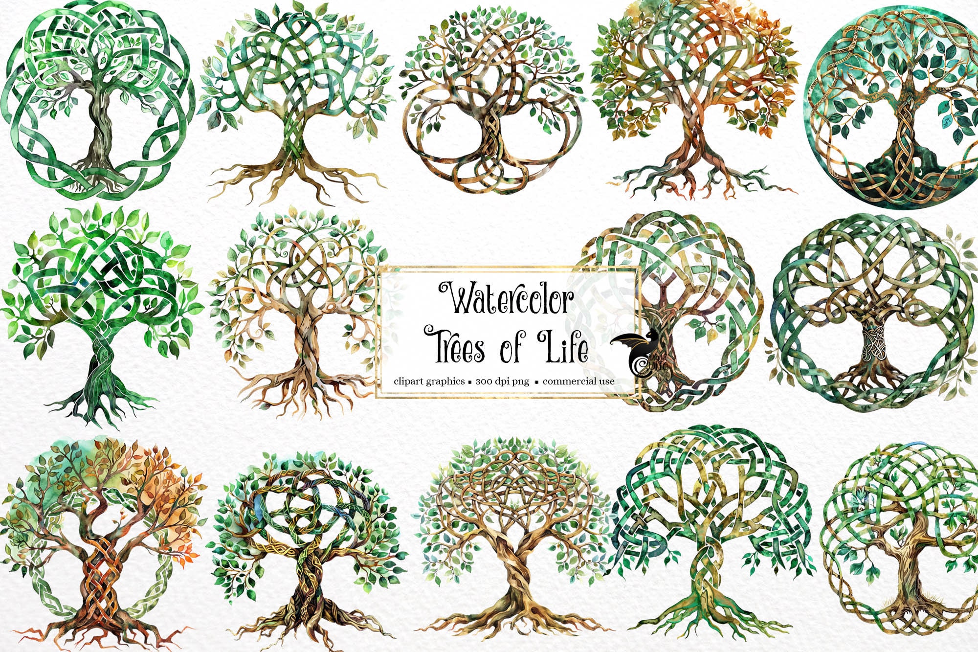 Watercolor Tree of Life Clipart - Celtic knot tree PNG format instant download for commercial use