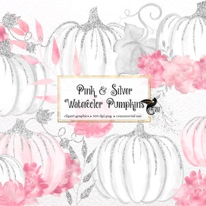 Pink and Silver Watercolor Pumpkins Clip Art - sparkling silver pumpkins in PNG format instant download for commercial use
