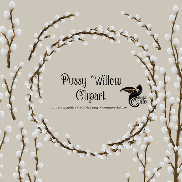 Pussy Willow Clipart with catkin boughs and wreaths instant download for commercial use