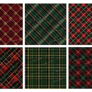 May include: A collection of six plaid patterns in various color combinations. The designs feature intersecting lines forming a grid-like pattern. Colors include red, green, and gold, creating a classic and festive look. Ideal for fabric or paper designs.