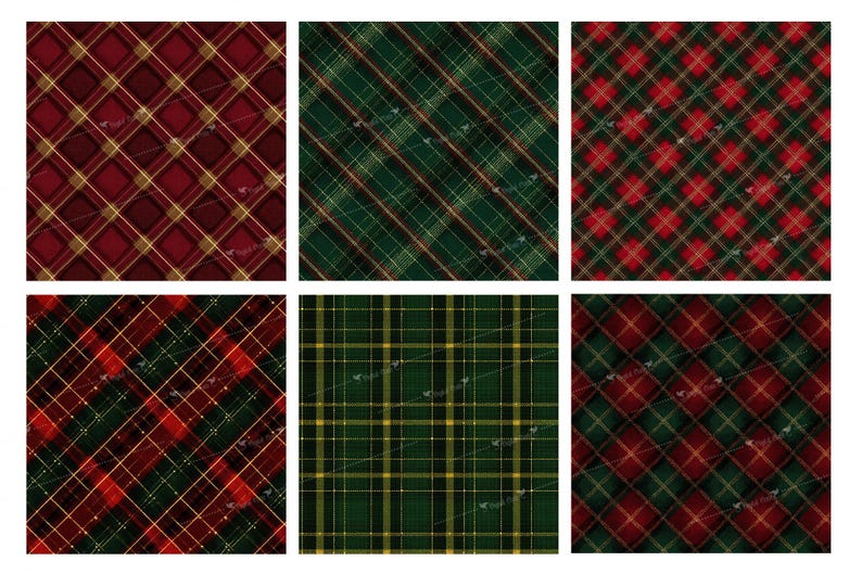 May include: A collection of six plaid patterns in various color combinations. The designs feature intersecting lines forming a grid-like pattern. Colors include red, green, and gold, creating a classic and festive look. Ideal for fabric or paper designs.