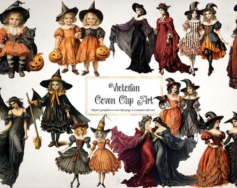 Viktoriansk häxa Clipart, antik Halloween-grafik (PNG, digital nedladdning)