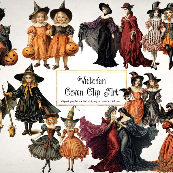 Victorian Coven Clipart, vintage antique Halloween witch clip art graphics in png format, digital ephemera instant download