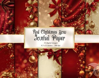 May include: Digital journal paper with a festive Christmas theme. The image features red bows, ornaments, and a gold frame with the text "Red Christmas Bow Journal Paper". The background has a bokeh effect.
