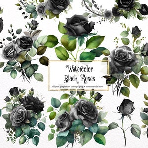 May include: Watercolor illustration of black roses with green leaves and stems. The image includes various arrangements of the flowers, some in bouquets and others as individual blooms. Text on the image reads "Watercolor Black Roses".