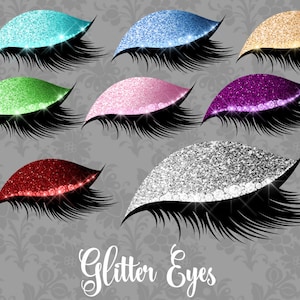 May include: Set of ten glitter eye makeup designs. Each eye design features a different color glitter, including blue, green, pink, red, gold, purple, and silver. The glitter is applied to the eyelid and blended into the crease. The eyes are outlined with black eyeliner and have long, thick eyelashes.