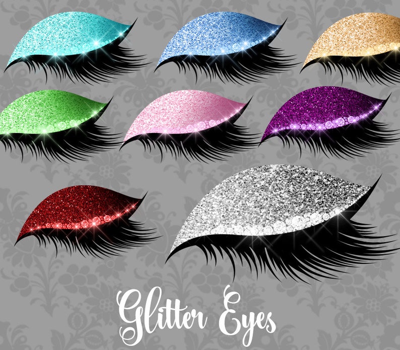 May include: Set of ten glitter eye makeup designs. Each eye design features a different color glitter, including blue, green, pink, red, gold, purple, and silver. The glitter is applied to the eyelid and blended into the crease. The eyes are outlined with black eyeliner and have long, thick eyelashes.