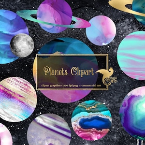 Planets Clipart - watercolor planet clip art with gold foil and glitter instant download commercial use