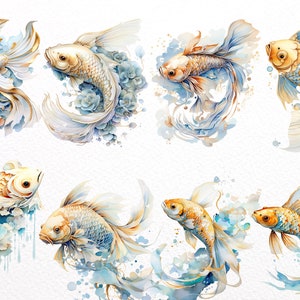 Puede incluir: Ocho acuarelas de peces dorados con acentos florales azules y blancos. Los peces dorados se representan en varias poses, con sus aletas y colas fluyendo con gracia. Las pinturas est&aacute;n sobre un fondo blanco.