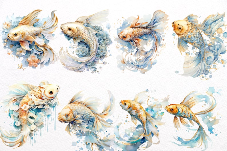 Puede incluir: Ocho acuarelas de peces dorados con acentos florales azules y blancos. Los peces dorados se representan en varias poses, con sus aletas y colas fluyendo con gracia. Las pinturas est&aacute;n sobre un fondo blanco.