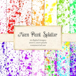 Neon Paint Splatter on White Digital Paper, printable scrapbook paper with watercolor drips and paintball spatters commercial use