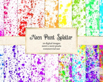 Neon Paint Splatter Digital Paper, Watercolor Drips (Digital Download)