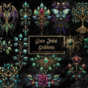 Op de afbeelding: Een verzameling sierlijke, fantasie-thema emblemen met gouden accenten, smaragdgroene, blauwgroene, paarse en blauwe details. De tekst "Elven Forest Emblems" wordt weergegeven in een gouden kader. De achtergrond is donker en getextureerd.