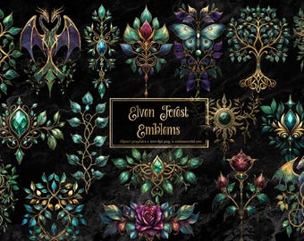 Emblemas del Bosque Élfico – Gráficos de hojas y árboles de fantasía (PNG, descarga digital)