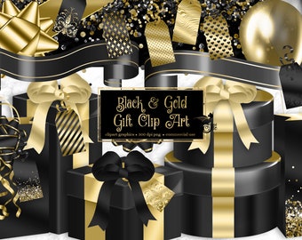 Black and Gold Gift Clipart - glam birthday or Christmas present gift box png clip art graphics instant download for commercial use