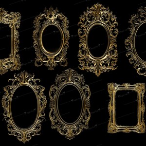 May include: Set of seven ornate gold-colored picture frames with intricate details. The frames are all different sizes and shapes, but they all have a similar ornate design.