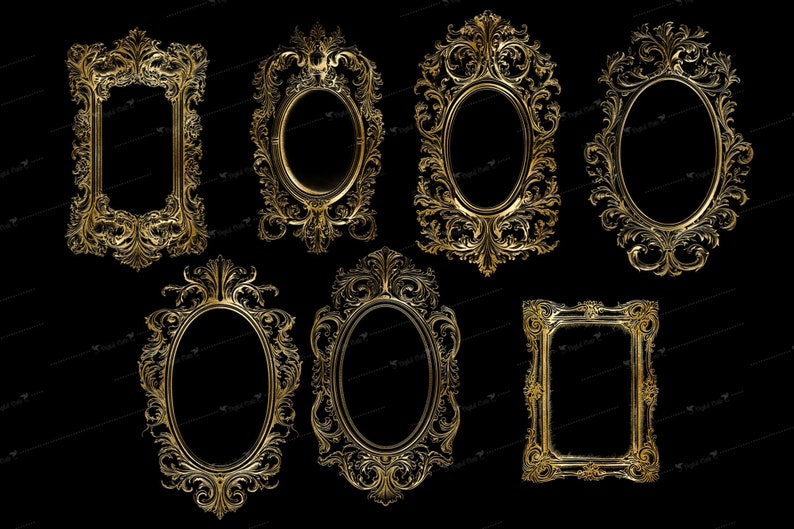 May include: Set of seven ornate gold-colored picture frames with intricate details. The frames are all different sizes and shapes, but they all have a similar ornate design.