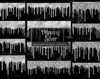 Dripping Silver Clipart - silver glitter drips like frosting with silver foil and sparkles in PNG format instant download for commercial use