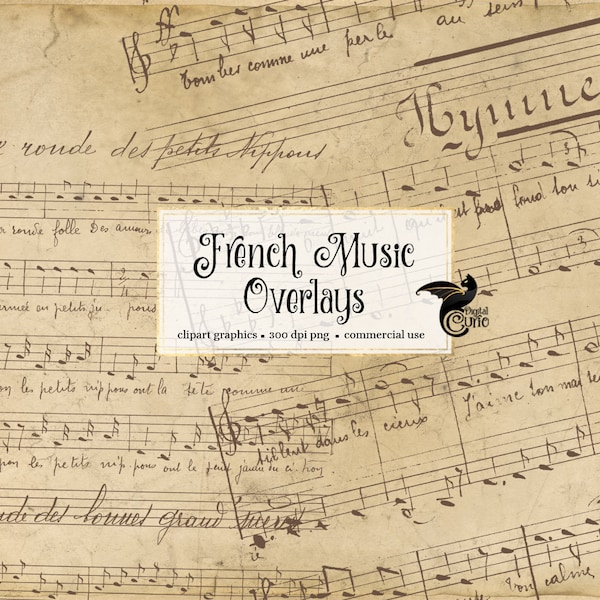 French Music Overlays - vintage French handwritten music sheet compositions in digital PNG format instant download for commercial use