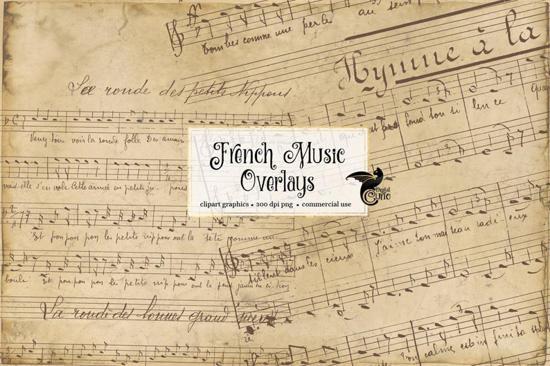 K&ouml;nnte beinhalten: Ein digitales Grafikdesign im Vintage-Stil mit handschriftlichen Noten und franz&ouml;sischem Text auf Notenbl&auml;ttern. Das Bild hat einen Sepia-Ton und enth&auml;lt den Text "French Music Overlays" mit Details.