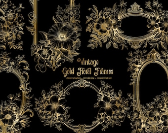 Vintage Gold Floral Frames Clipart – Ornamental PNG Graphics (Digital Download)