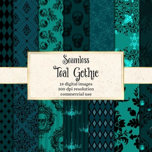 Teal Gothic digital paper, seamless skull damask Halloween patterns instant download for commercial use