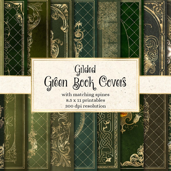 Gilded Green Book Covers, printable decorative gilded book covers 8.5 x 11 instant download digital sheets for commercial use