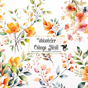 Aquarell Orange Blumen Clipart - botanische Blätter und Blumen im PNG-Format sofortiger Download für kommerzielle Nutzung
