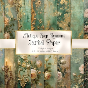 Antique Sage Romance Journal Paper, notebook digital paper rococo fantasy junk journal pages printable 8.5x11 inch A4 paper instant download