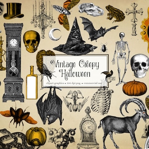 Vintage Creepy Halloween Clipart, antique Halloween clip art graphics, skulls, bats, owls, spiders, digital ephemera instant download