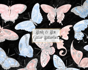 Blush and Blue Glitter Butterflies Clipart, pastel butterfly instant download for commercial use