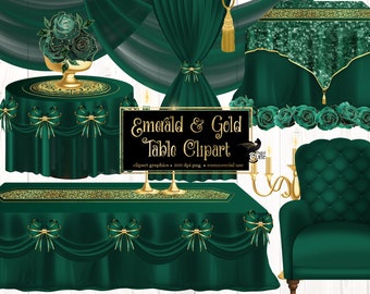 Emerald and Gold Tables Clipart - digital wedding banquet scene creator graphics for instant download commercial use 01egd