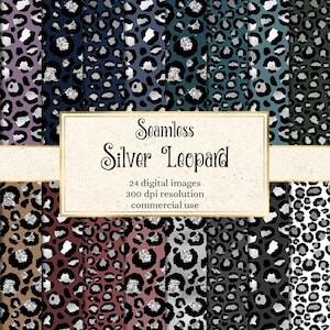 Puede incluir: Una colección de imágenes digitales sin costuras con estampados de leopardo en varios colores, incluyendo morado, azul, verde y marrón. Los patrones tienen detalles plateados. La imagen incluye un letrero que dice "Seamless Silver Leopard".