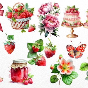 Watercolor Strawberries Clipart Digital Png Strawberry Cupcake and ...