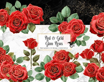 Red and Gold Glam Rose Clip Art, digital instant download glitter flower png embellishments, pink rose, gold glitter roses