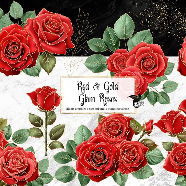 Red and Gold Glam Rose Clip Art, digital instant download glitter flower png embellishments, pink rose, gold glitter roses