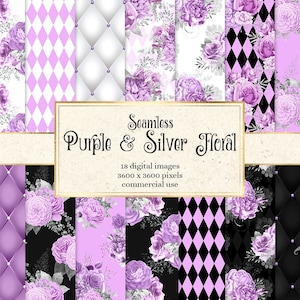 Papel digital floral púrpura y plateado, brillo plateado y papel de álbum de recortes imprimible rosa púrpura, fondos de flores de acuarela púrpura
