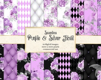 Purple and Silver Floral digital paper, silver glitter and purple rose printable scrapbook paper, purple watercolor flower backgrounds