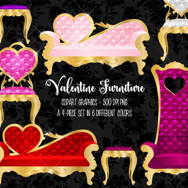 Valentine Furniture Clipart, heart throne clip art, heart chair, Valentine's day love, royal gold quilted tufted chaise lounge, luxury sofa