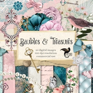 Baubles and Treasures Digital Scrapbook Kit, imágenes prediseñadas de botón de papel digital efímera de papel imprimible en rubor de menta rústico en mal estado rosa y oro