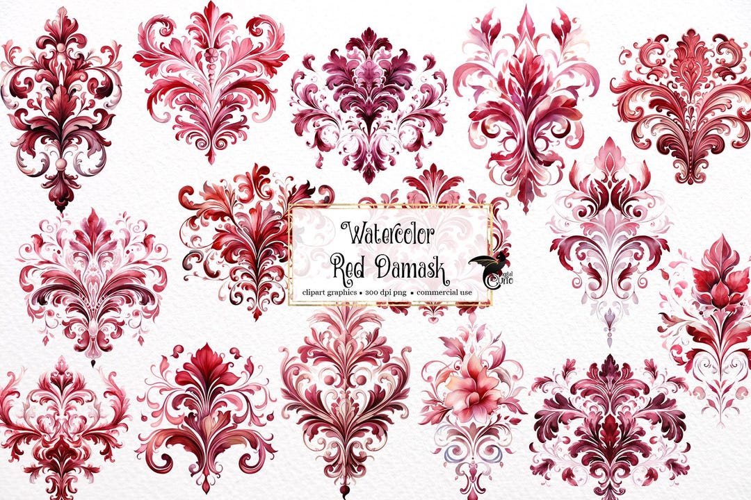 Watercolor Red Damask Clipart, Rococo Fantasy Graphics (PNG, Digital ...