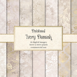 Papier numérique damassé ivoire en détresse, papier texturé vintage rustique, textures grunge de scrapbooking, téléchargement instantané de papier blanc et beige