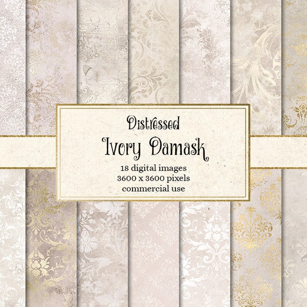 Distressed Ivory Damask Digital Paper, carta testurizzata vintage rustica, texture grunge scrapbooking, download istantaneo di carta bianca e beige