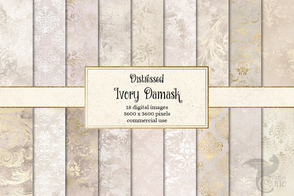 Distressed Ivory Damask Digital Paper, rustic vintage textured paper, scrapbooking grunge textures, white and beige paper instant download