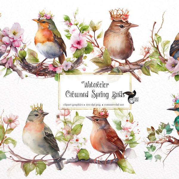 Watercolor Crowned Spring Birds Clipart - springtime cute birds and blossoms PNG format instant download for commercial use