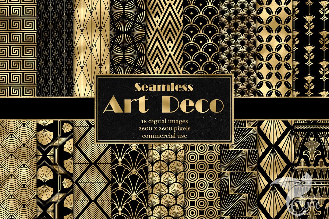 Art Deco Digital Paper, seamless retro art deco patterns in black and gold  instant download for commercial use - Etsy 日本