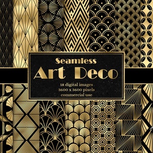 Art Deco Digital Paper, seamless retro art deco patterns in black and gold instant download for commercial use