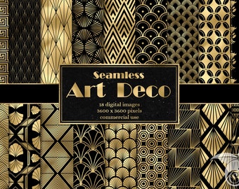 Art Deco Digital Paper, seamless retro art deco patterns in black and gold instant download for commercial use